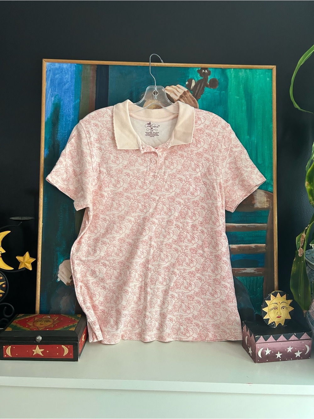 Carroll Reed Pink Floral Rose Cotton Polo Shirt Womens Large Cottagecore